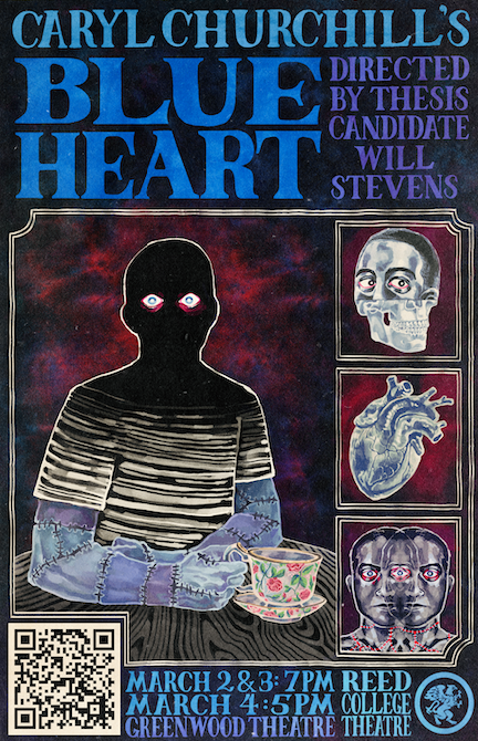 Frankenstein's monster sits at a coffee shop. Close-ups of his head, heart, and soul are also featured. Poster by Ross Tidwell.